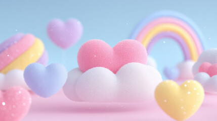 Whimsical clouds and pastel hearts create a dreamy landscape filled with color and joy.