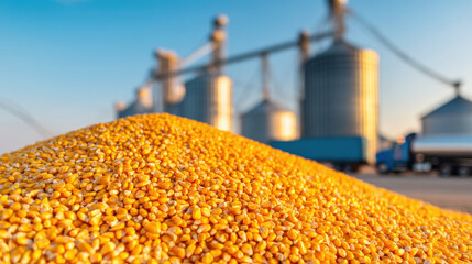 Vibrant mound of yellow corn grains with silos in the background, symbolizing agricultural abundance.