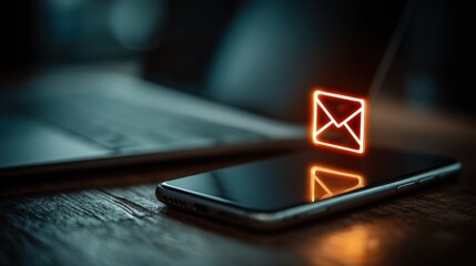 Person checks email on smartphone while sitting at a desk with a laptop during evening hours in a home office setting
