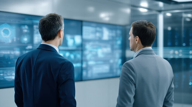 Two business professionals analyze data on digital screens in a modern corporate environment. - Powered by Adobe