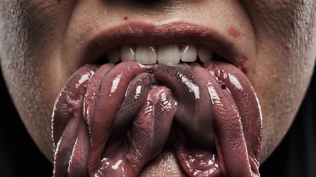 Grotesque mouth with writhing fleshy creatures emerging. Unsettling body horror concept with special effects makeup. Scary mutation