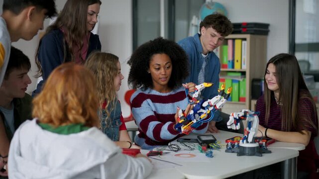 High school students working on robotics project. Girl in wheelchair among them.