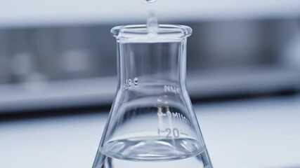 Precise liquid dispensing into a scientific laboratory flask, illustrating meticulous chemical analysis and controlled experimentation in a modern research facility