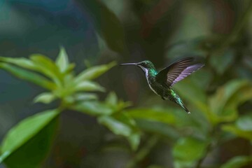 A tiny, iridescent hummingbird hovers in the rainforest.