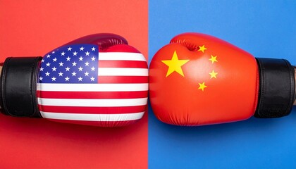 Boxing gloves decorated with U.S. and China flags facing off, symbolizing rivalry and competition.