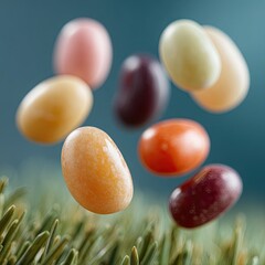 Jelly beans suspended over green needles