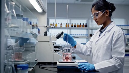 Focused female scientist meticulously analyzing samples with a microscope in a state-of-the-art research laboratory, conducting crucial experiments
