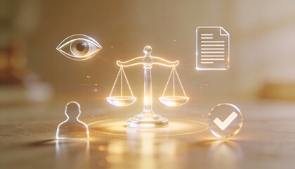 cinematic digital illustration of glowing gold justice scales with transparent glass icons of eye document user and checkmark for legal compliance transparency trust and ethics