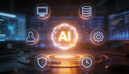 cinematic digital illustration of a central artificial intelligence brain orb surrounded by glowing technology icons for data storage security profile and system settings