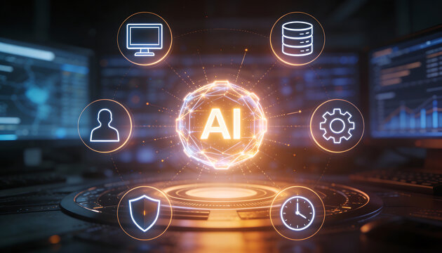 cinematic digital illustration of a central artificial intelligence brain orb surrounded by glowing technology icons for data storage security profile and system settings - Powered by Adobe