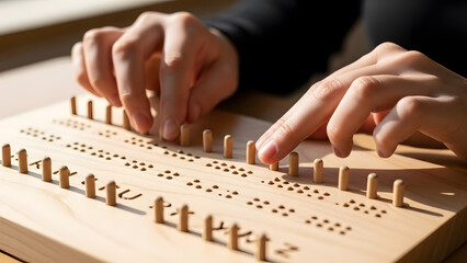 Person playing a wooden peg solitaire game with focused hands on a table
