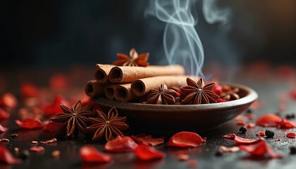 Fototapeta premium Burning cinnamon sticks and star anise emit fragrant smoke. Rose petals and peppercorns scatter around a bowl. Aromatherapy for relaxation and home decor.