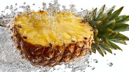 Pineapple slice splashing in water with droplets around it in a clear background capturing fresh fruit action