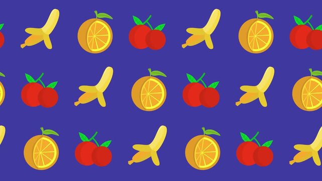 Seamless pattern of stylized fruits with orange, banana, and cherry icons in a tile background animation. Repeating cartoon wallpaper with colorful fruit symbols. Flat design healthy food backdrop.