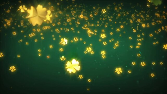 A surreal 3D thousands glowing shamrocks float, rotate drift deep green misty background. golden light bursts some clovers sparkling lens flares. Soft, ambient light rhythmic animation meditative, 4k