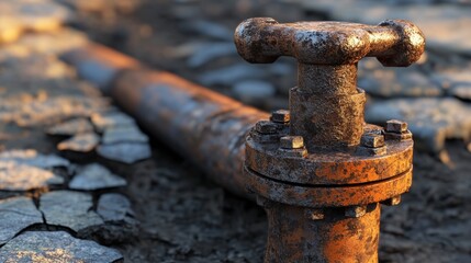 A close up view of a rusty industrial pipe with a flange and valve protruding from dry cracked earth