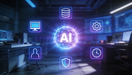 cinematic digital illustration of a glowing blue artificial intelligence brain sphere in a high tech office with floating neon icons for cloud data storage and cyber security