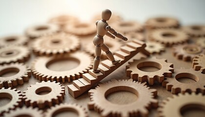 Wooden figure climbs stairs over interlocking gears, progress, mechanical coordination, strategic advancement. Represents collaboration, structured development, goal achievement in business.