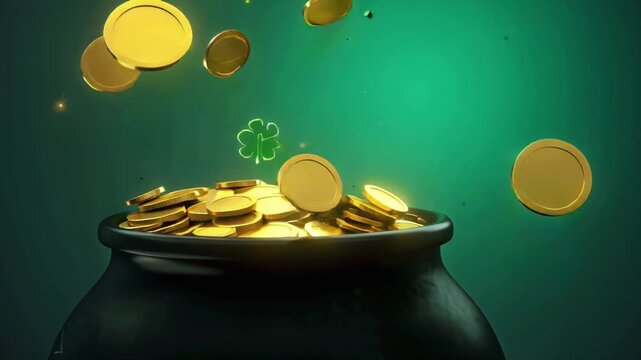 Top-down view black pot dark wooden surface, gold coins shamrocks raining coin sparkles impact, spinning shamrocks lens flare green ambient mystical St. Patrick&rsquo;s Day smooth cinematic motion 4K video