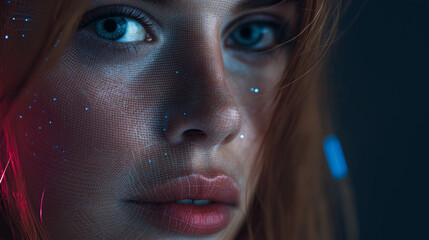 Futuristic Female Face With Digital Scan and AI Facial Recognition Technology for Biometrics, Cybersecurity and Artificial Intelligence Concept