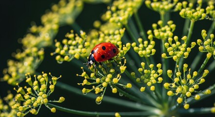 Close-up of a red ladybug with black spots on tiny yellow flower clusters, green stem