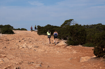 Hikers walking rocky trail enjoying outdoor summer adventure