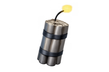 Dynamite bundle with a lit burning fuse sparking, symbolizing impending danger, countdown, and explosive destruction
