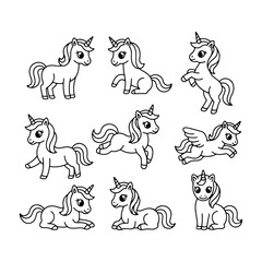 Cute unicorns in playful poses showcased in a fun design suitable for kids and art lovers