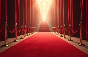 Crimson carpet leads up grand staircase under dazzling lights. Red velvet ropes guide pathway to glamorous event. Luxury entrance invites VIPs to movie premiere or award show.
