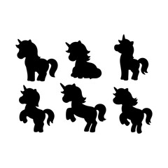 Various silhouettes of unicorns representing different poses and activities in a simple, playful design