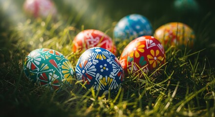 Close-up of colorful, decorated eggs nestled in green grass under sunlight