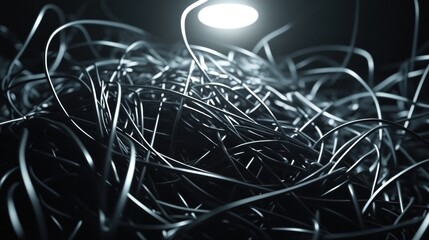 A close up view of a tangled mass of industrial cables and wires illuminated by a single light source creating a complex and chaotic network
