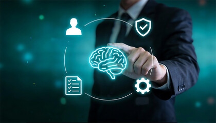 professional businessman in suit touching glowing blue brain icon surrounded by digital icons for user profile security shield compliance document and system process settings