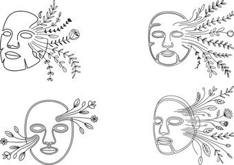 Obraz premium Botanical skincare outline vector art, LED mask, tiny leaves and flower petals line art, natural beauty linear