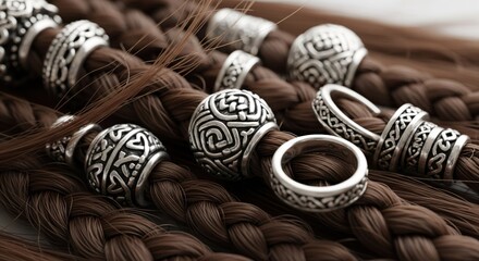 Close-up of braided hair with ornate silver beads, showcasing intricate designs