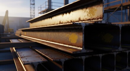 Close-up of stacked, weathered steel beams at a construction site, backlit by the sun