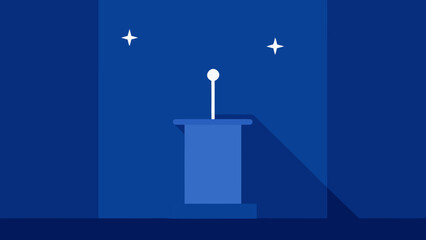 A minimalist flat vector illustration of an empty political debate podium with a microphone under a starry night sky creating a formal mood