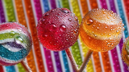 bright colorful lollipops in close up, covered with water droplets, dynamic striped background, candy shop aesthetic, glossy and vibrant macro