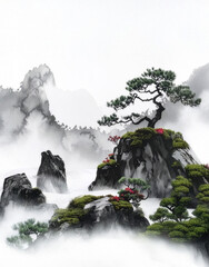 水墨画で描かれた険しい山に生える松と岩