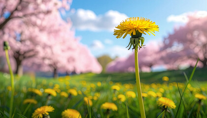 タンポポ咲く野原と桜並木