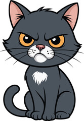 Obraz premium Angry Grumpy Black Cat Vector Illustration with Orange Eyes and White Chest Patch Sitting Alone Isolated on a White Background