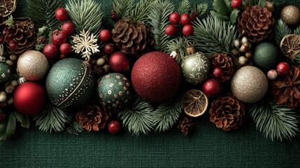 Holiday decorations with colorful ornaments and pine branches on a dark green background for festive season celebrations