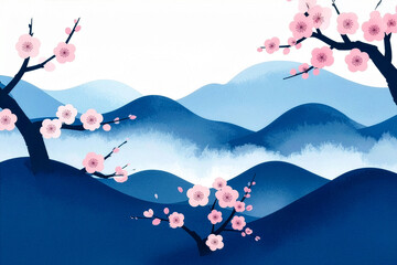日本画風の春霞の青い山並みと梅の花の風景