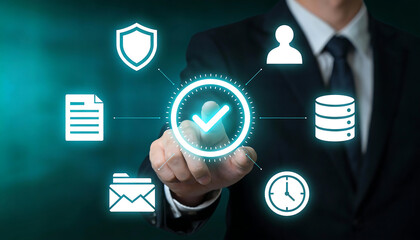 professional businessman in suit touching a glowing blue digital checkmark icon surrounded by symbols for data server security shield profile document and time management