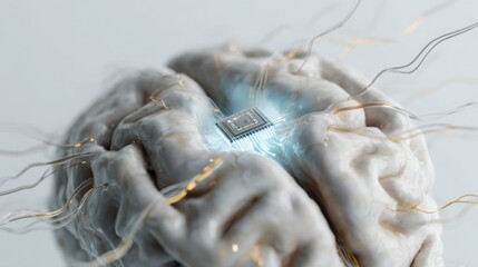 Close up human brain with AI microchip gently integrated into neural tissue, smooth glowing connections, futuristic psychology and human enhancement
