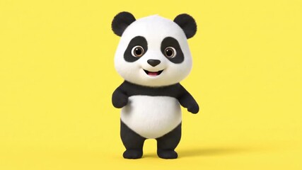 Adorable cartoon panda bear standing on a plain yellow background, suitable for children's content and educational materials
