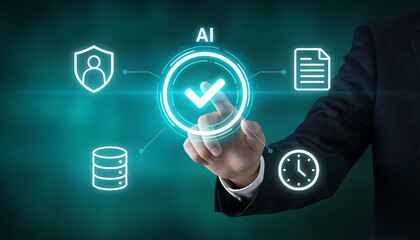 professional businessman in suit pointing at glowing blue artificial intelligence checkmark icon for system verification and data processing automation in corporate technology environment