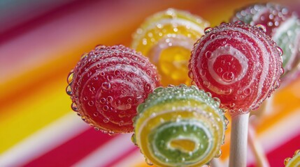 close up of colorful lollipops with water droplets, vibrant striped background, sweet candy concept, bright colors, glossy texture, macro photography