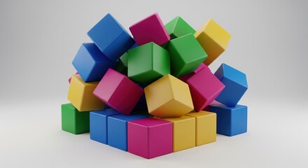 Colorful 3D cubes in a haphazard pile, against a plain white background