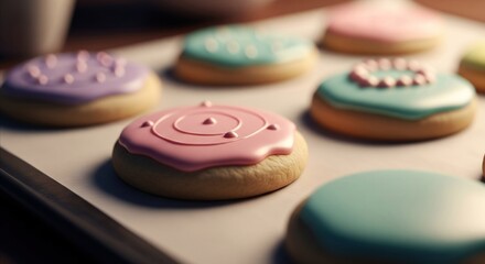 Colorful glazed cookies with various decorations sit on a baking sheet, ready to be enjoyed